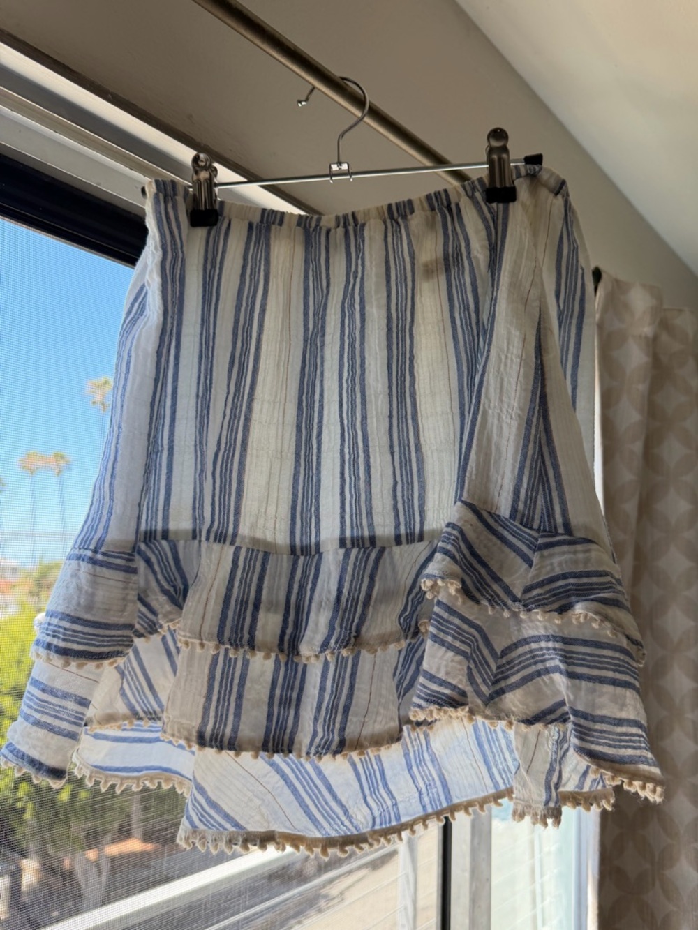 LoveShackFancy Blue and White Striped Ruffle Cotton Skirt